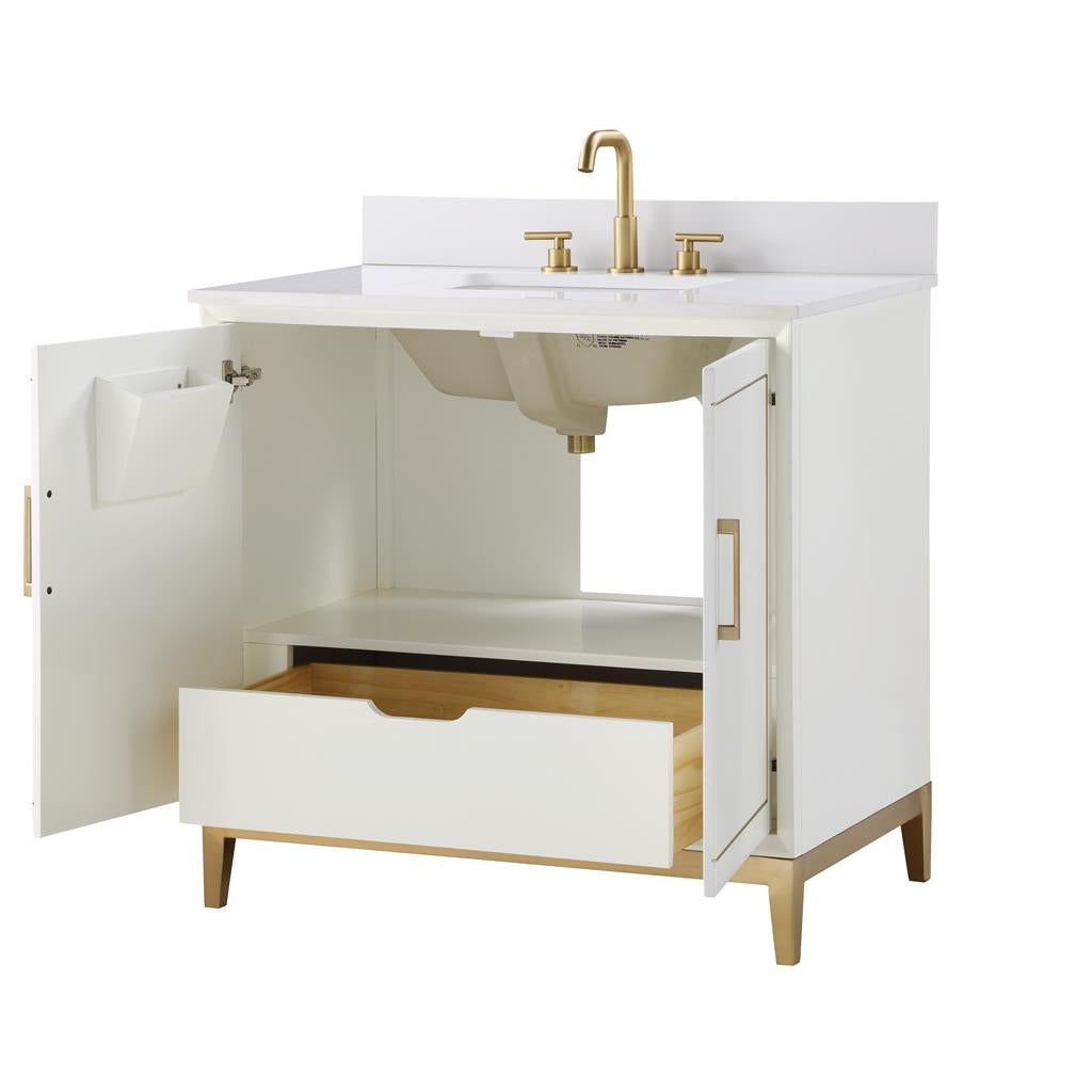 Bemma, Gracie 36" Single Vanity, Satin, White/Satin Brass, White Quartz Top#top-options_white-quartz-top
