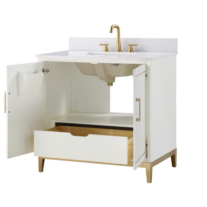 Bemma, Gracie 36" Single Vanity, Satin, White/Satin Brass, White Quartz Top#top-options_white-quartz-top