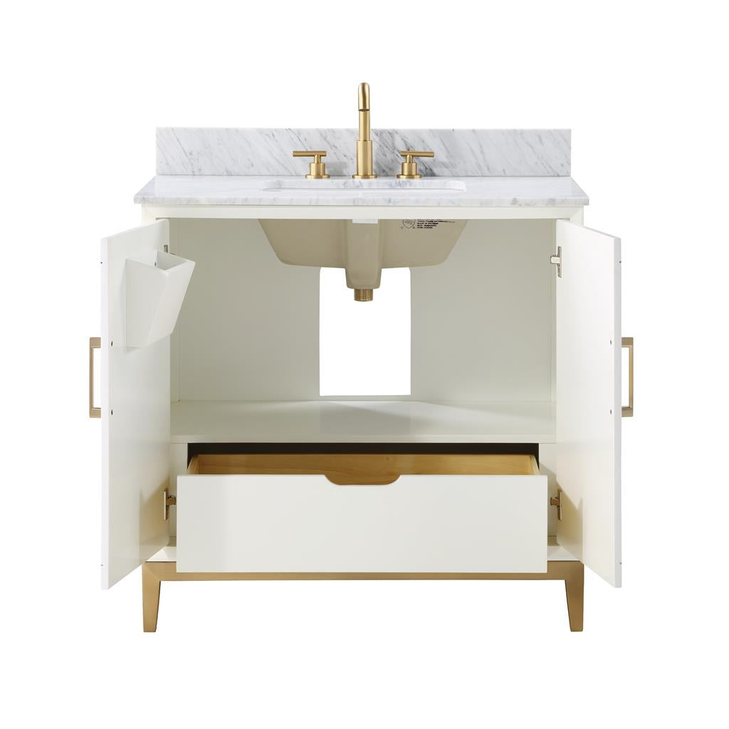 Bemma, Gracie 36" Single Vanity, Satin, White/Satin Brass, Carrara Marble Top#top-options_carrara-marble-top