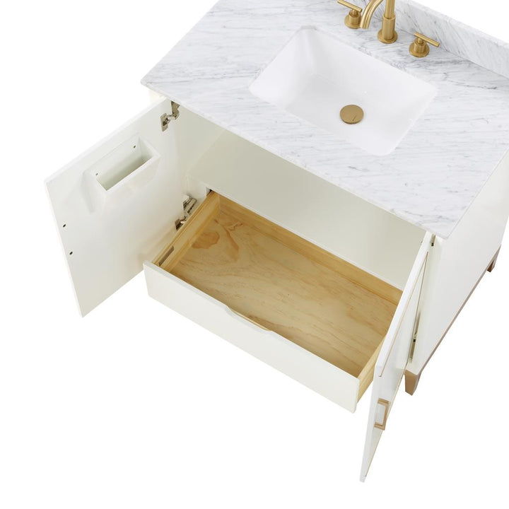 Bemma, Gracie 36" Single Vanity, Satin, White/Satin Brass, Carrara Marble Top#top-options_carrara-marble-top