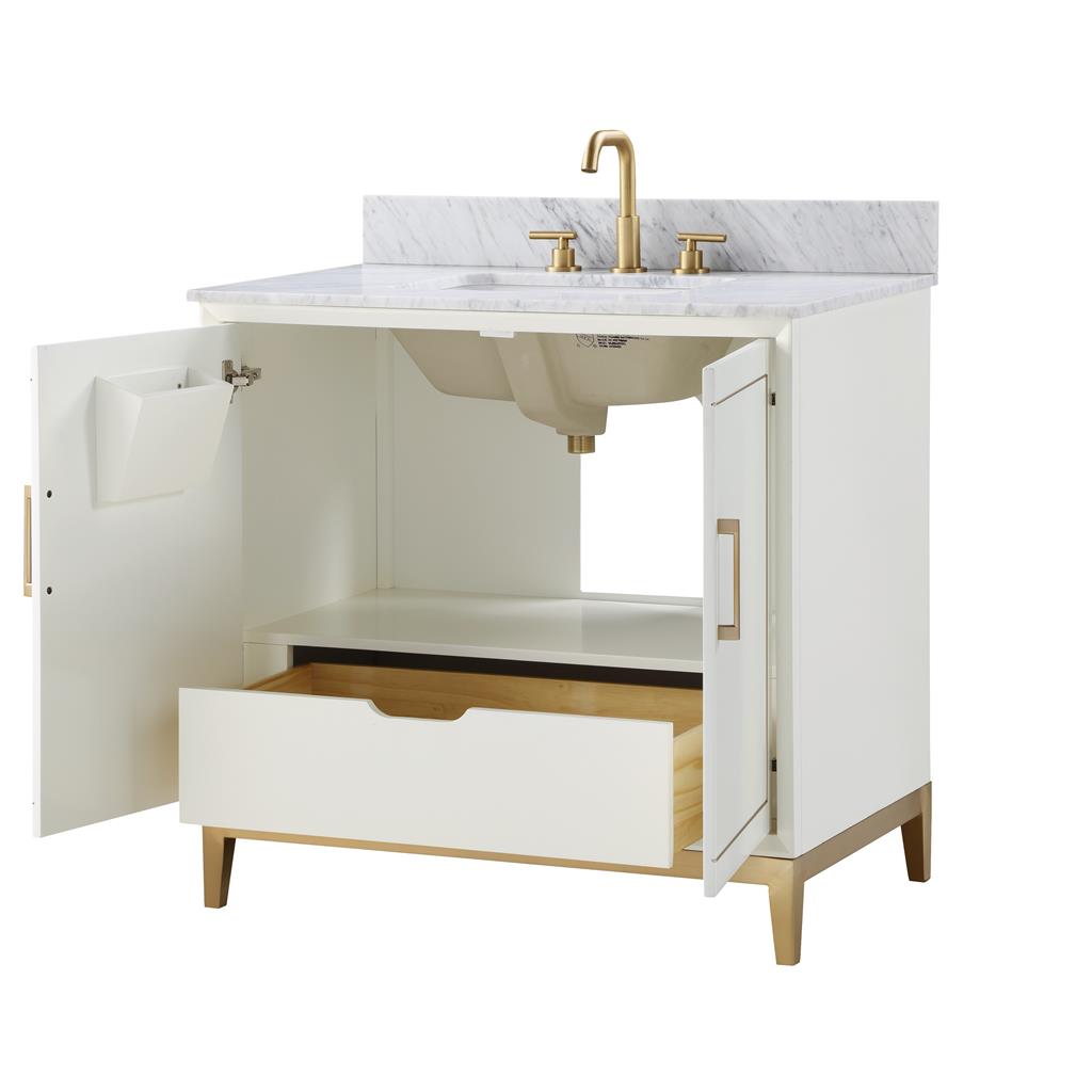 Bemma, Gracie 36" Single Vanity, Satin, White/Satin Brass, Carrara Marble Top#top-options_carrara-marble-top
