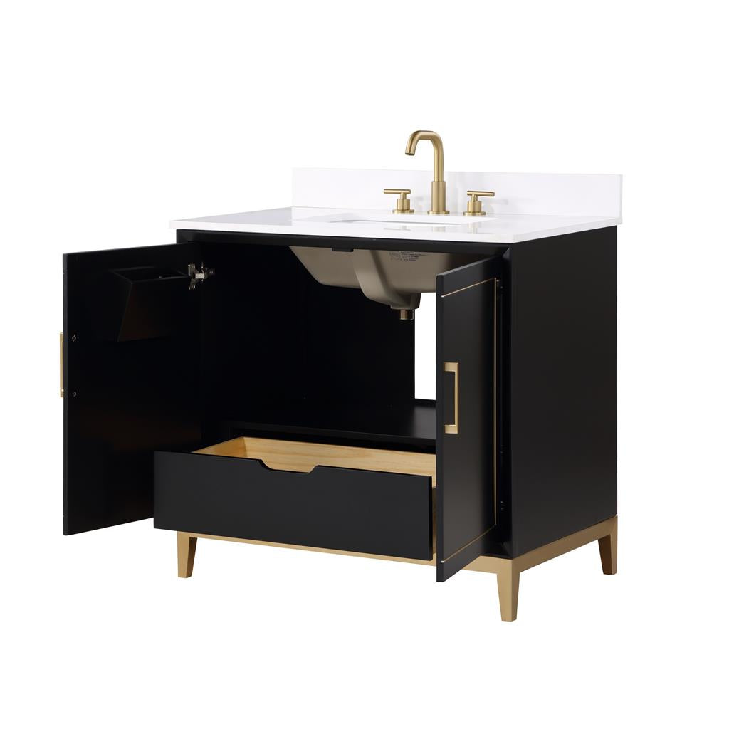 Bemma, Gracie 36" Single Vanity, Midnight Black/Satin Brass, White Quartz Top#top-options_white-quartz-top