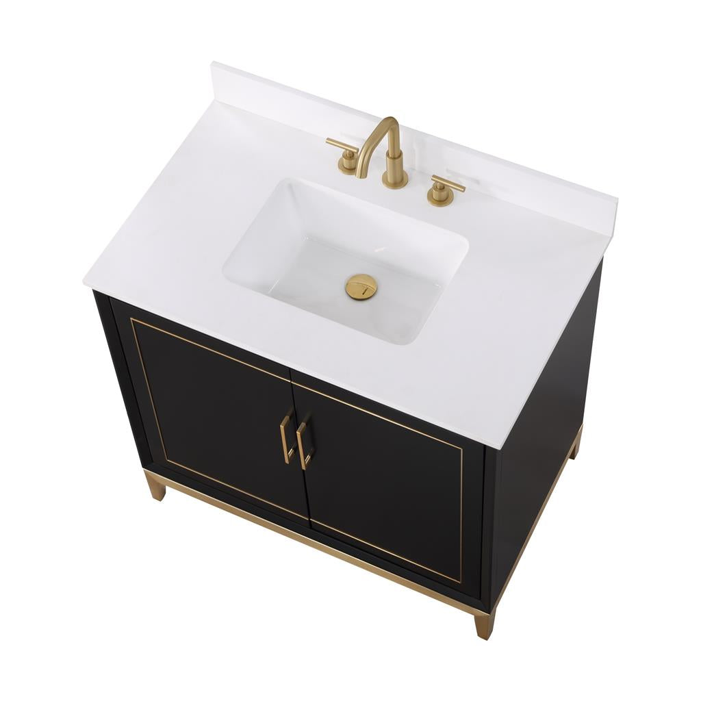 Bemma, Gracie 36" Single Vanity, Midnight Black/Satin Brass, White Quartz Top#top-options_white-quartz-top