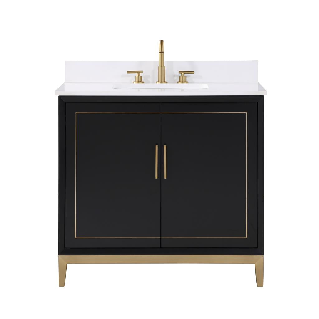 Bemma, Gracie 36" Single Vanity, Midnight Black/Satin Brass, White Quartz Top#top-options_white-quartz-top
