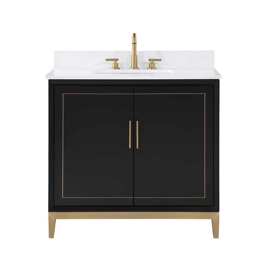 Bemma, Gracie 36" Single Vanity, Midnight Black/Satin Brass, White Quartz Top#top-options_white-quartz-top