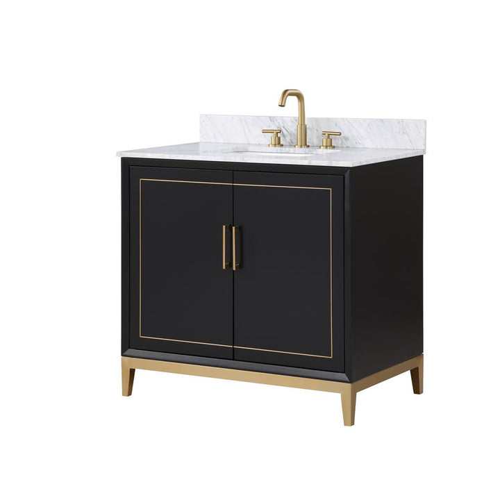 Bemma, Gracie 36" Single Vanity, Midnight Black/Satin Brass, Carrara Marble Top#top-options_carrara-marble-top