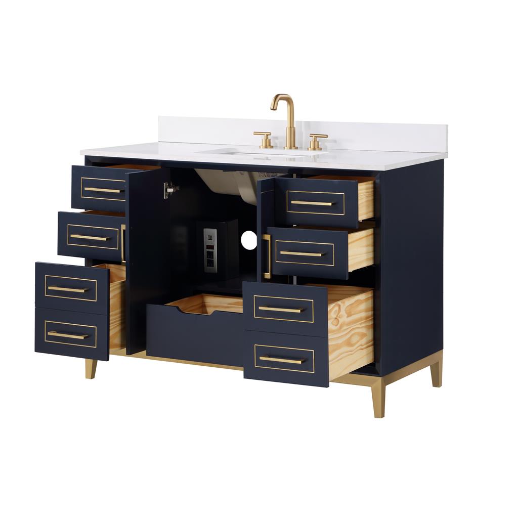 Bemma, Gracie 48" Single Vanity, Pacific Blue/Satin Brass, White Quartz Top#top-options_white-quartz-top