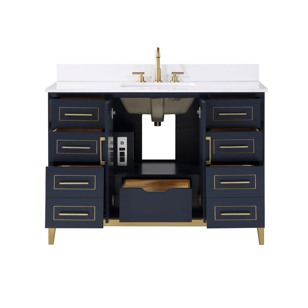 Bemma, Gracie 48" Single Vanity, Pacific Blue/Satin Brass, White Quartz Top#top-options_white-quartz-top
