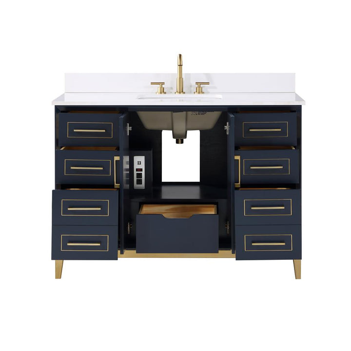 Bemma, Gracie 48" Single Vanity, Pacific Blue/Satin Brass, White Quartz Top#top-options_white-quartz-top