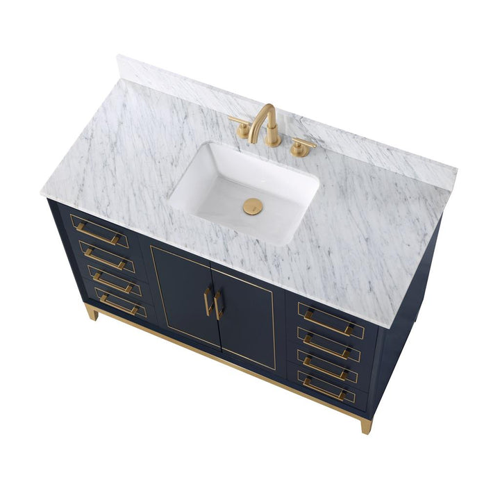Bemma, Gracie 48" Single Vanity, Pacific Blue/Satin Brass, Carrara Marble Top#top-options_carrara-marble-top