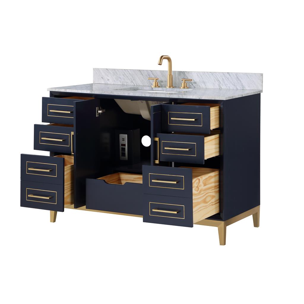 Bemma, Gracie 48" Single Vanity, Pacific Blue/Satin Brass, Carrara Marble Top#top-options_carrara-marble-top