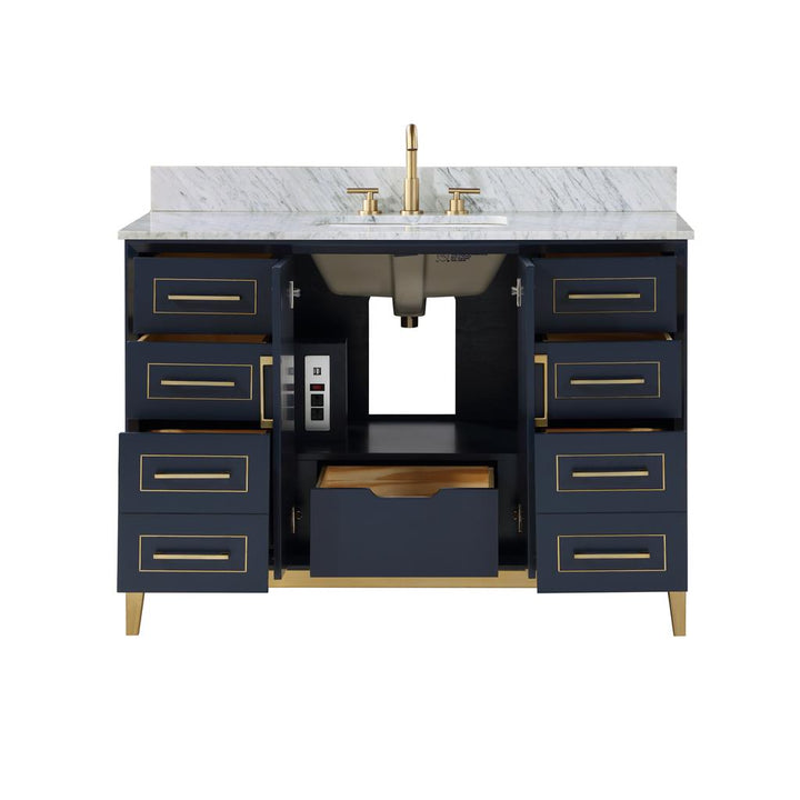 Bemma, Gracie 48" Single Vanity, Pacific Blue/Satin Brass, Carrara Marble Top#top-options_carrara-marble-top