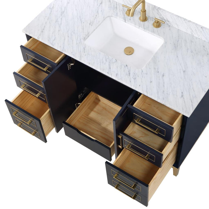 Bemma, Gracie 48" Single Vanity, Pacific Blue/Satin Brass, Carrara Marble Top#top-options_carrara-marble-top
