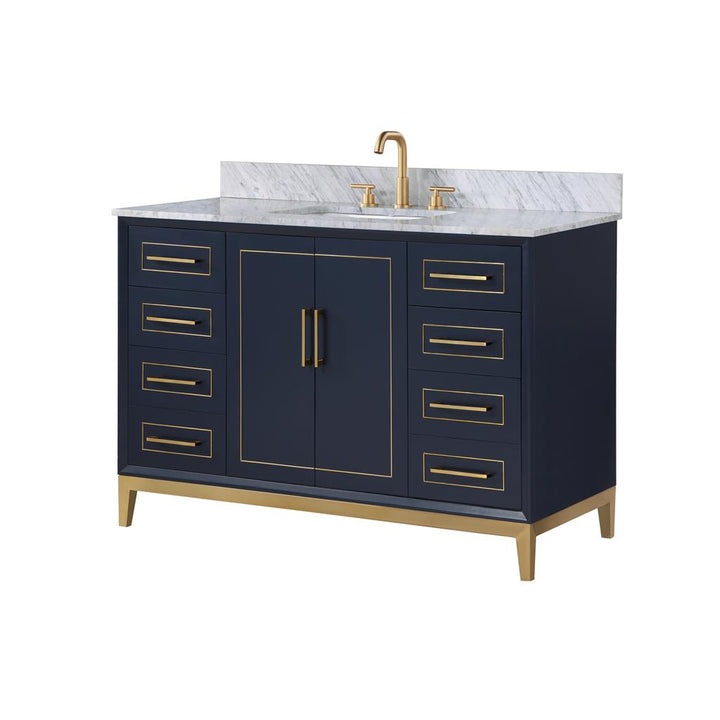 Bemma, Gracie 48" Single Vanity, Pacific Blue/Satin Brass, Carrara Marble Top#top-options_carrara-marble-top