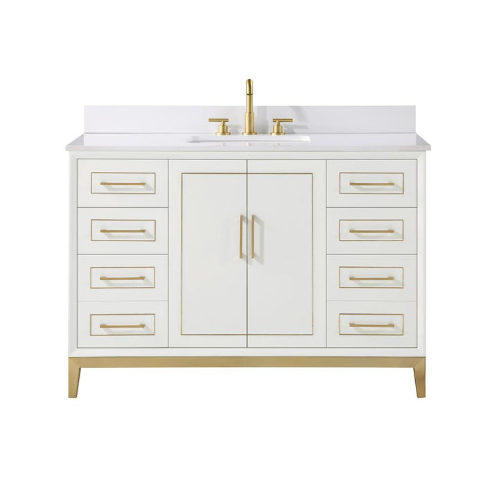 Bemma, Gracie 48" Single Vanity, Satin, White/Satin Brass, White Quartz Top#top-options_white-quartz-top