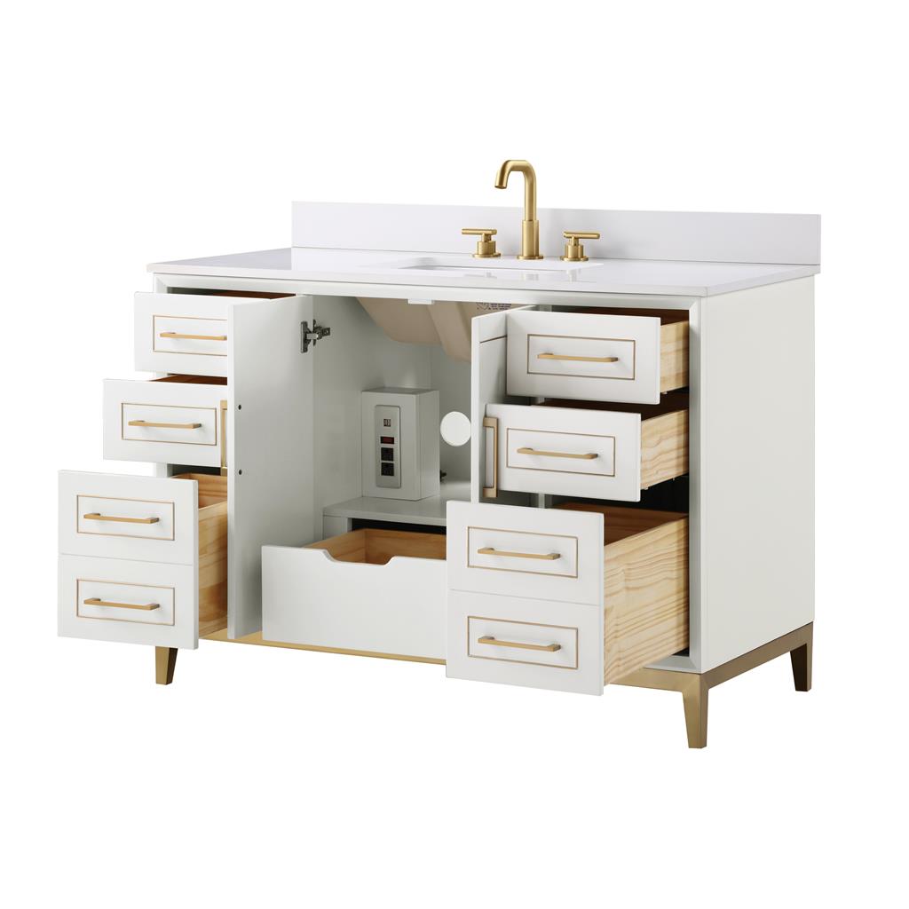 Bemma, Gracie 48" Single Vanity, Satin, White/Satin Brass, White Quartz Top#top-options_white-quartz-top