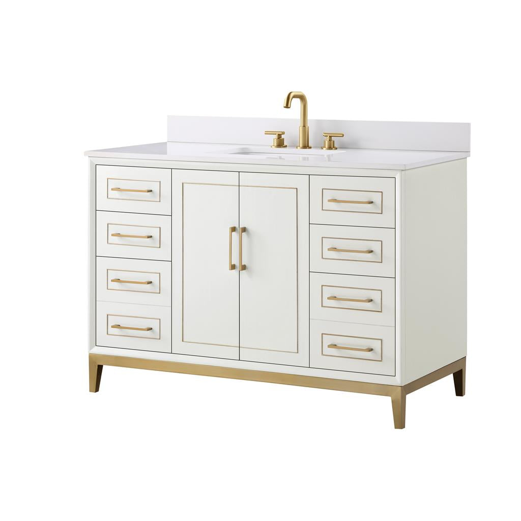Bemma, Gracie 48" Single Vanity, Satin, White/Satin Brass, White Quartz Top#top-options_white-quartz-top