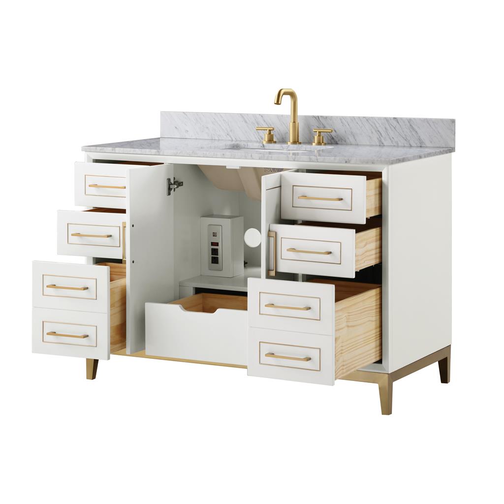 Bemma, Gracie 48" Single Vanity, Satin, White/Satin Brass, Carrara Marble Top#top-options_carrara-marble-top