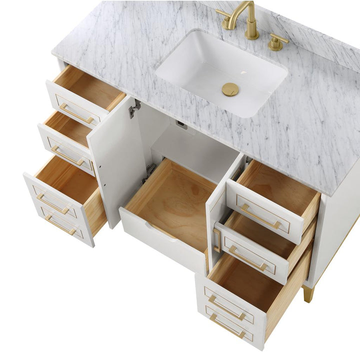 Bemma, Gracie 48" Single Vanity, Satin, White/Satin Brass, Carrara Marble Top#top-options_carrara-marble-top