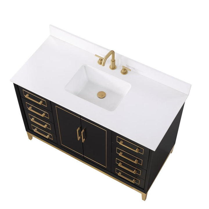 Bemma, Gracie 48" Single Vanity, Midnight Black/Satin Brass, White Quartz Top#top-options_white-quartz-top