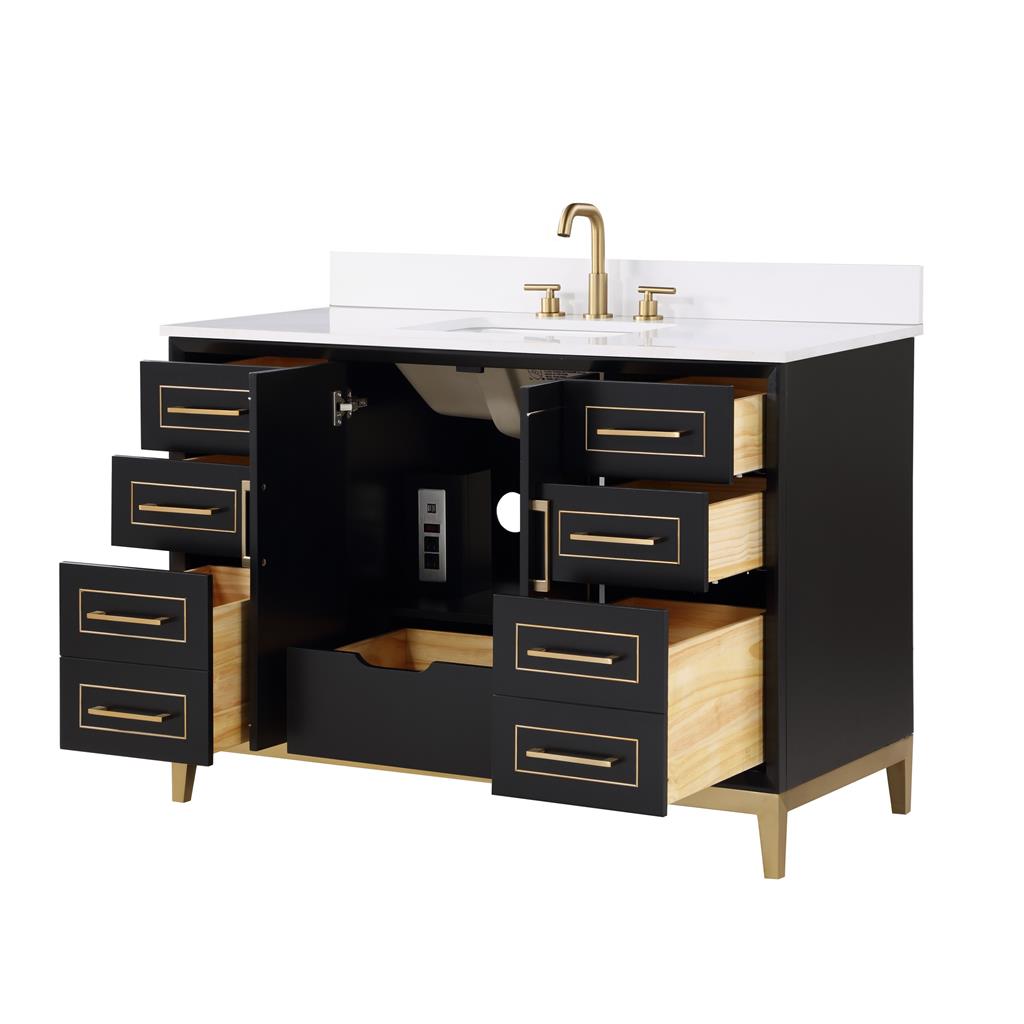 Bemma, Gracie 48" Single Vanity, Midnight Black/Satin Brass, White Quartz Top#top-options_white-quartz-top