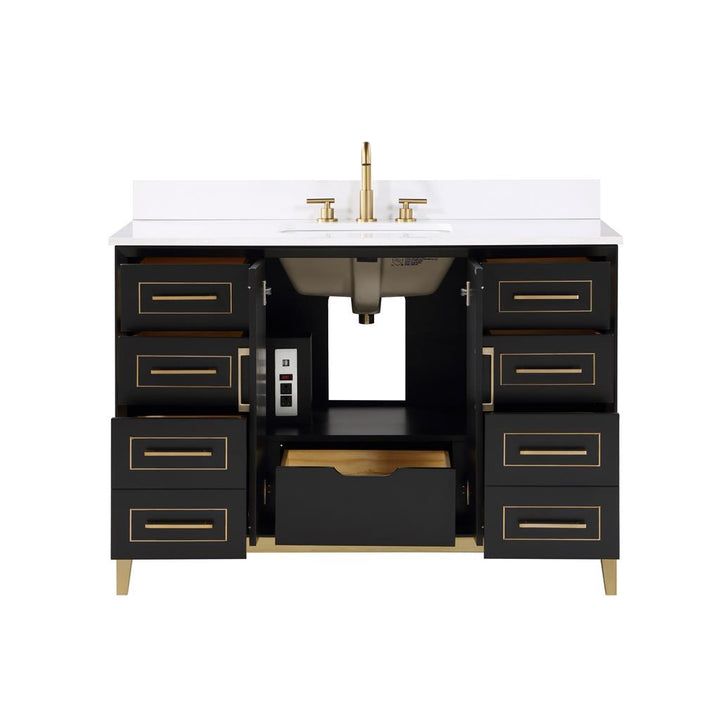 Bemma, Gracie 48" Single Vanity, Midnight Black/Satin Brass, White Quartz Top#top-options_white-quartz-top