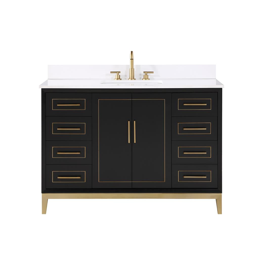 Bemma, Gracie 48" Single Vanity, Midnight Black/Satin Brass, White Quartz Top#top-options_white-quartz-top