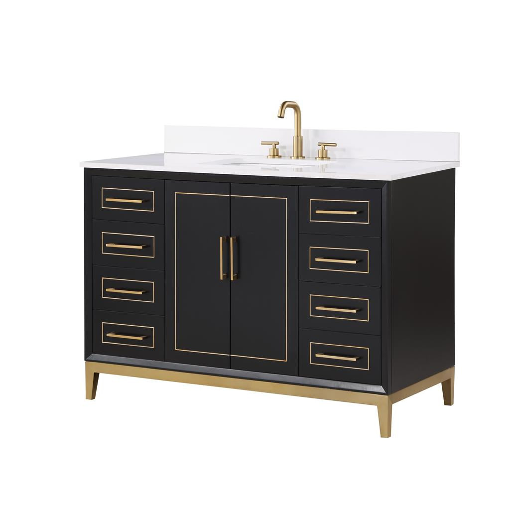 Bemma, Gracie 48" Single Vanity, Midnight Black/Satin Brass, White Quartz Top#top-options_white-quartz-top