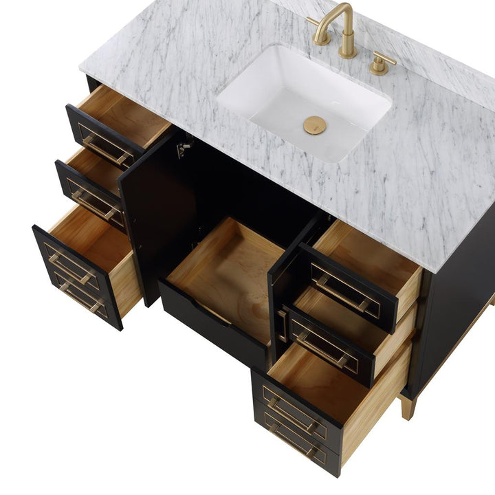 Bemma, Gracie 48" Single Vanity, Midnight Black/Satin Brass, Carrara Marble Top#top-options_carrara-marble-top