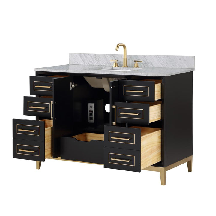 Bemma, Gracie 48" Single Vanity, Midnight Black/Satin Brass, Carrara Marble Top#top-options_carrara-marble-top