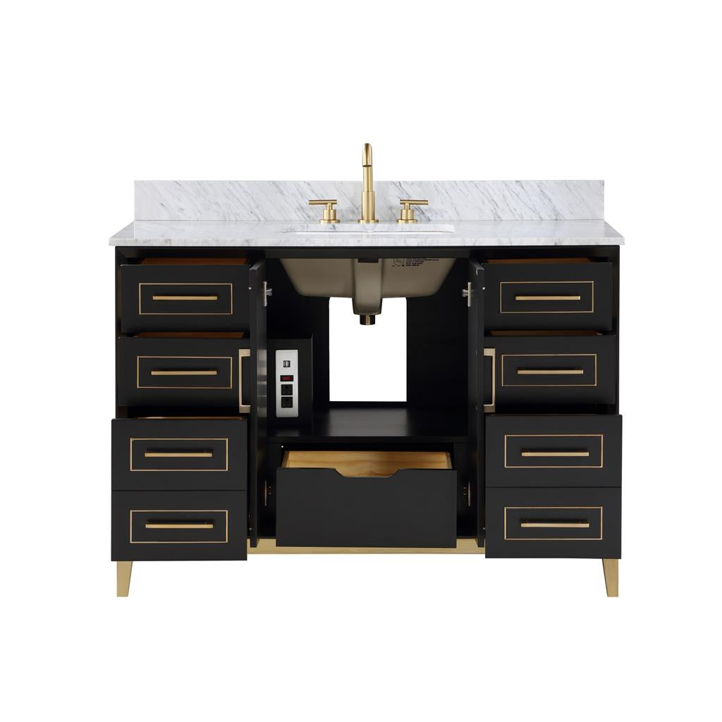 Bemma, Gracie 48" Single Vanity, Midnight Black/Satin Brass, Carrara Marble Top#top-options_carrara-marble-top
