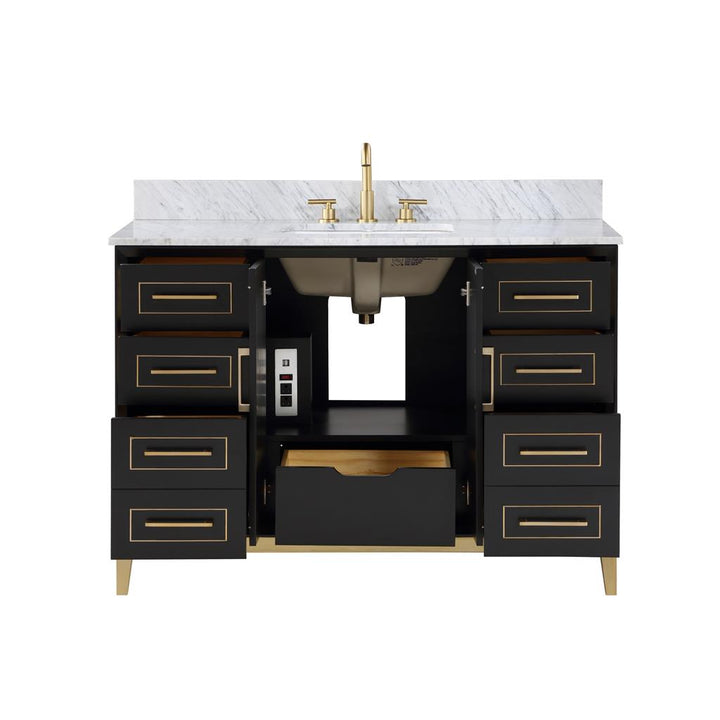Bemma, Gracie 48" Single Vanity, Midnight Black/Satin Brass, Carrara Marble Top#top-options_carrara-marble-top