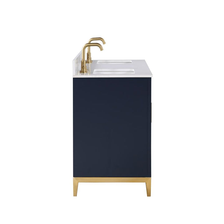 Bemma, Gracie 60" Double Vanity, Pacific Blue/Satin Brass, White Quartz Top#top-options_white-quartz-top