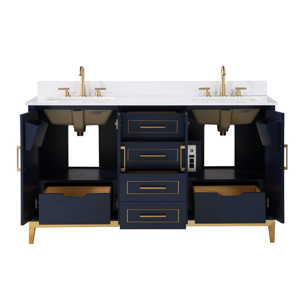 Bemma, Gracie 60" Double Vanity, Pacific Blue/Satin Brass, White Quartz Top#top-options_white-quartz-top