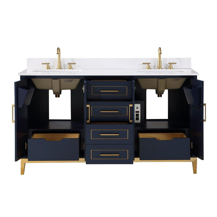 Bemma, Gracie 60" Double Vanity, Pacific Blue/Satin Brass, White Quartz Top#top-options_white-quartz-top