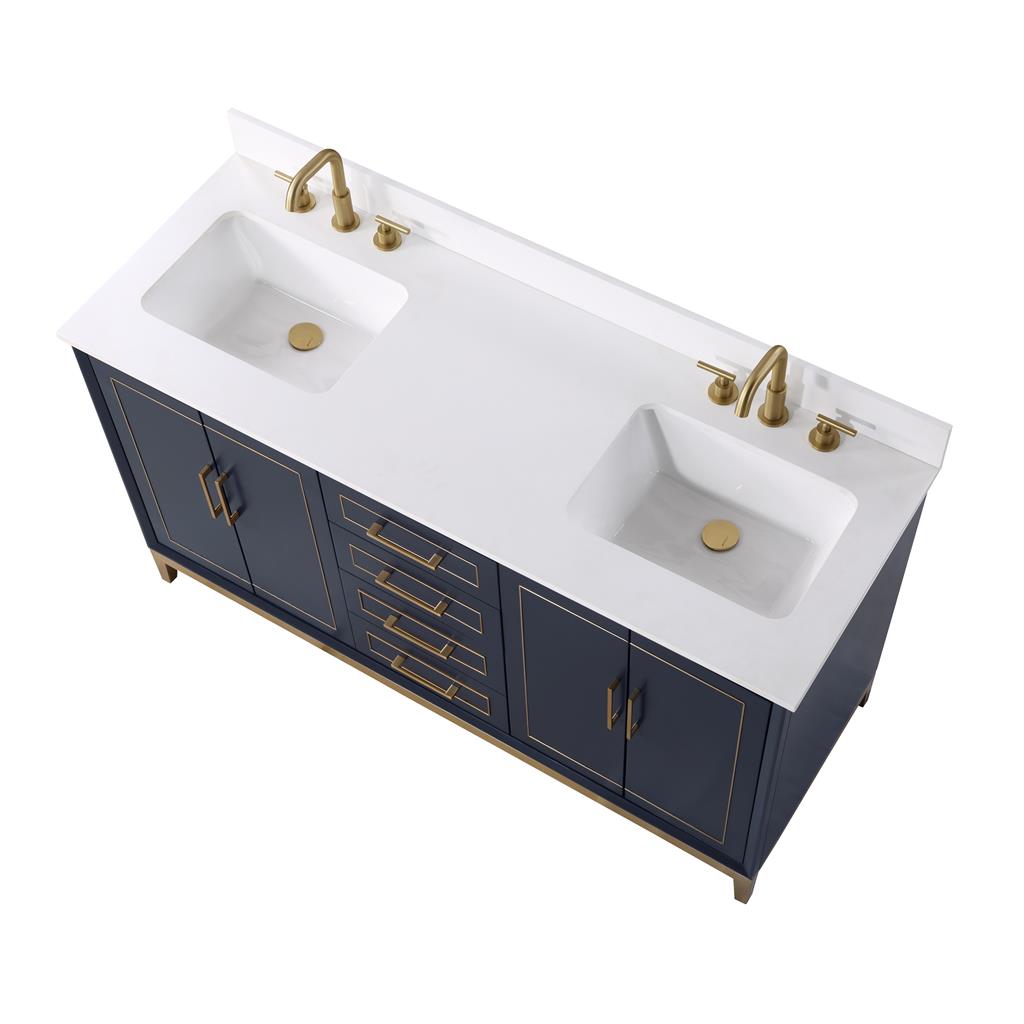 Bemma, Gracie 60" Double Vanity, Pacific Blue/Satin Brass, White Quartz Top#top-options_white-quartz-top