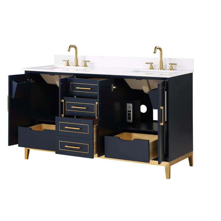 Bemma, Gracie 60" Double Vanity, Pacific Blue/Satin Brass, White Quartz Top#top-options_white-quartz-top