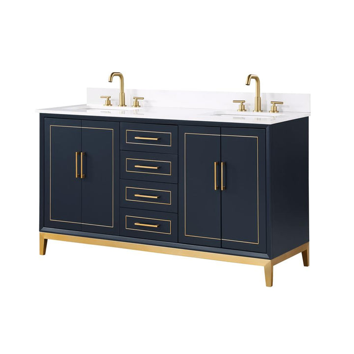 Bemma, Gracie 60" Double Vanity, Pacific Blue/Satin Brass, White Quartz Top#top-options_white-quartz-top