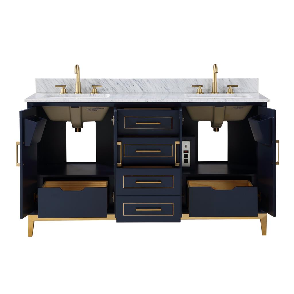 Bemma, Gracie 60" Double Vanity, Pacific Blue/Satin Brass, Carrara Marble Top#top-options_carrara-marble-top