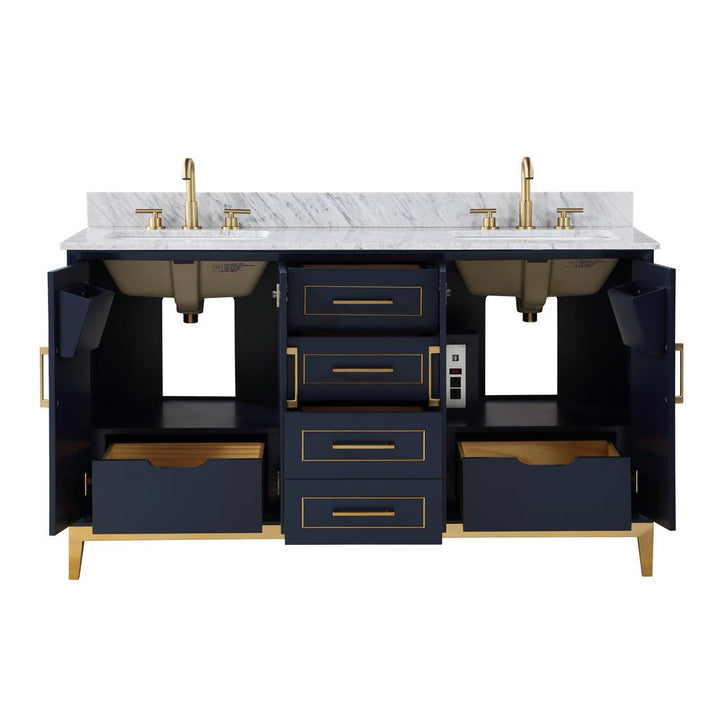 Bemma, Gracie 60" Double Vanity, Pacific Blue/Satin Brass, Carrara Marble Top#top-options_carrara-marble-top