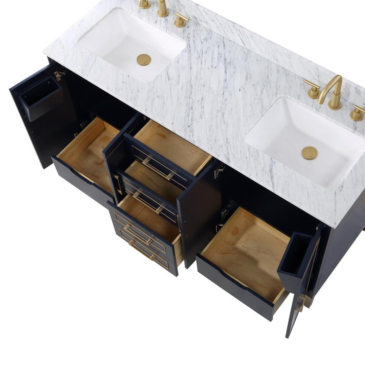 Bemma, Gracie 60" Double Vanity, Pacific Blue/Satin Brass, Carrara Marble Top#top-options_carrara-marble-top