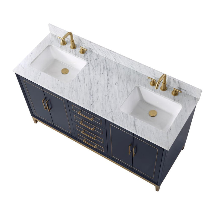 Bemma, Gracie 60" Double Vanity, Pacific Blue/Satin Brass, Carrara Marble Top#top-options_carrara-marble-top