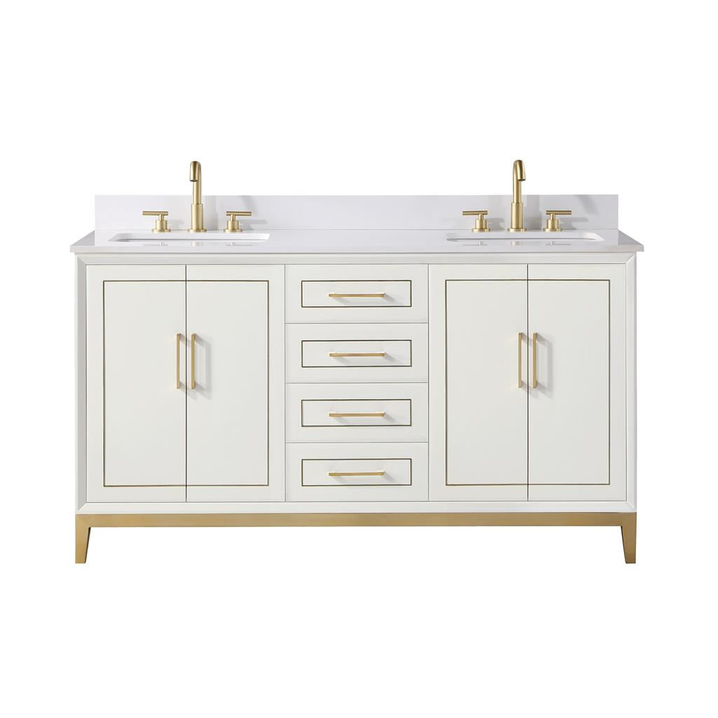 Bemma, Gracie 60" Double Vanity, Satin, White/Satin Brass, White Quartz Top#top-options_white-quartz-top