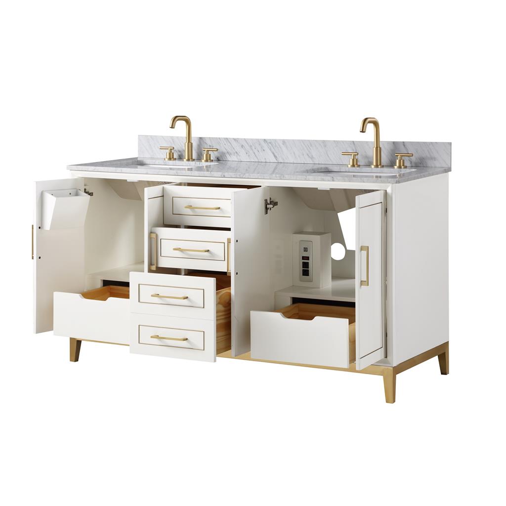 Bemma, Gracie 60" Double Vanity, Satin, White/Satin Brass, Carrara Marble Top#top-options_carrara-marble-top