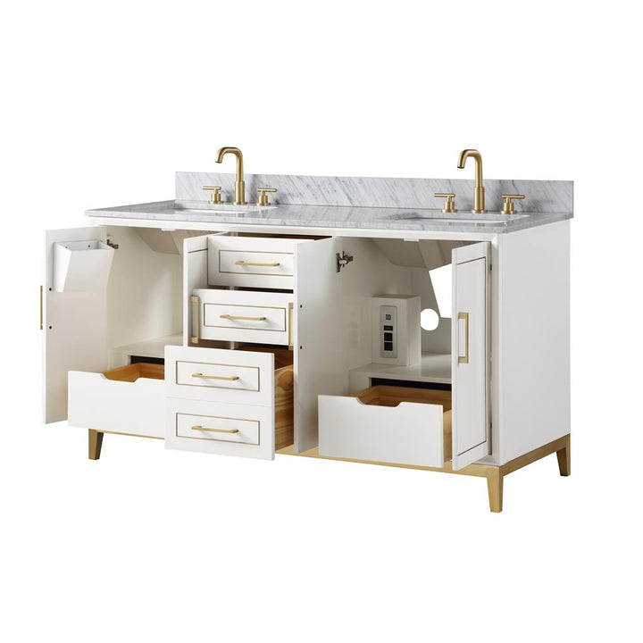 Bemma, Gracie 60" Double Vanity, Satin, White/Satin Brass, Carrara Marble Top#top-options_carrara-marble-top