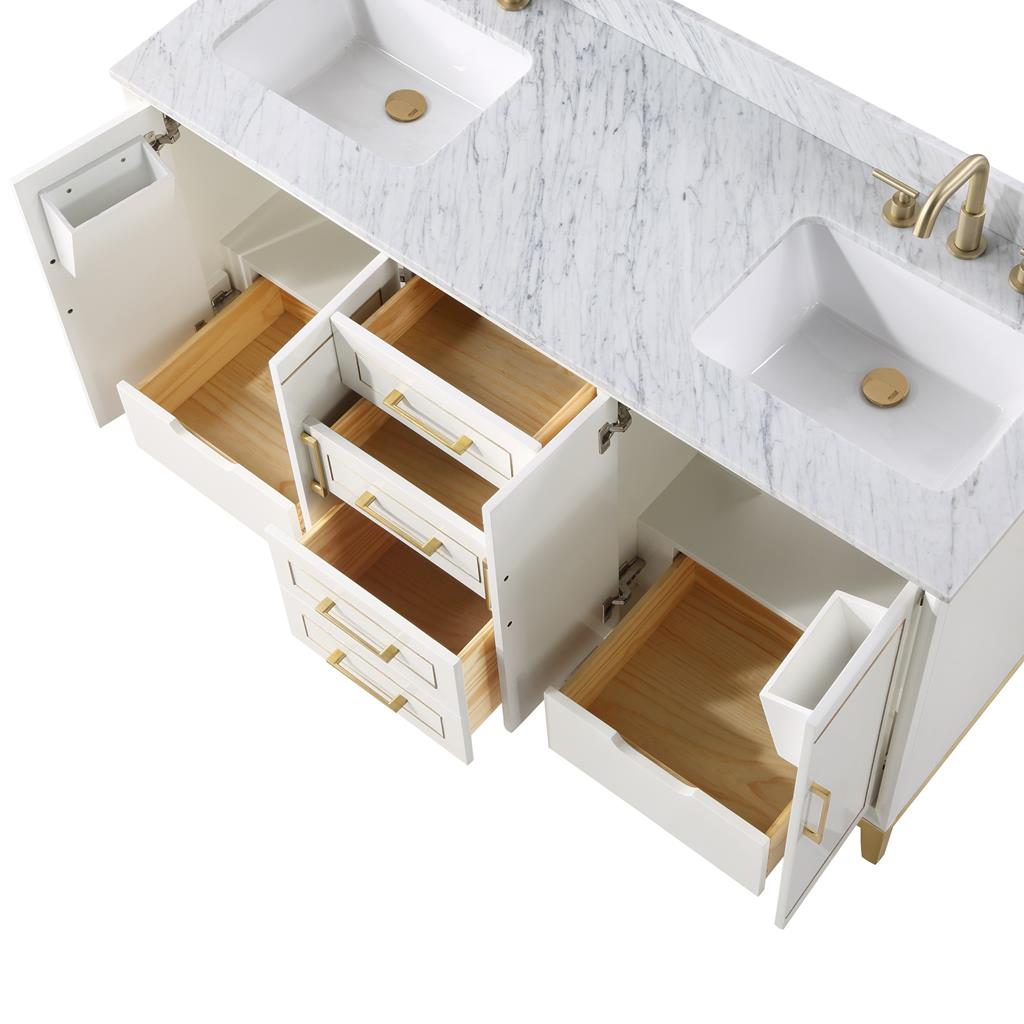 Bemma, Gracie 60" Double Vanity, Satin, White/Satin Brass, Carrara Marble Top#top-options_carrara-marble-top