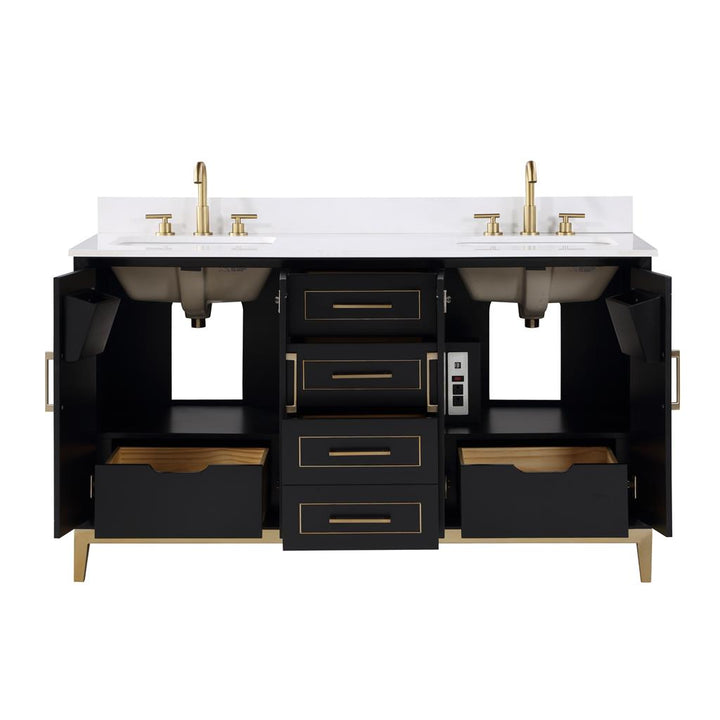 Bemma, Gracie 60" Double Vanity, Midnight Black/Satin Brass, White Quartz Top#top-options_white-quartz-top
