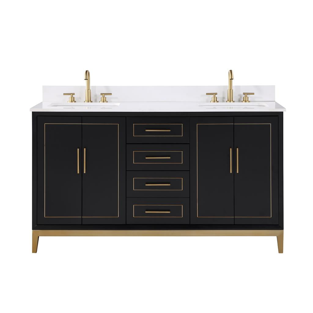 Bemma, Gracie 60" Double Vanity, Midnight Black/Satin Brass, White Quartz Top#top-options_white-quartz-top