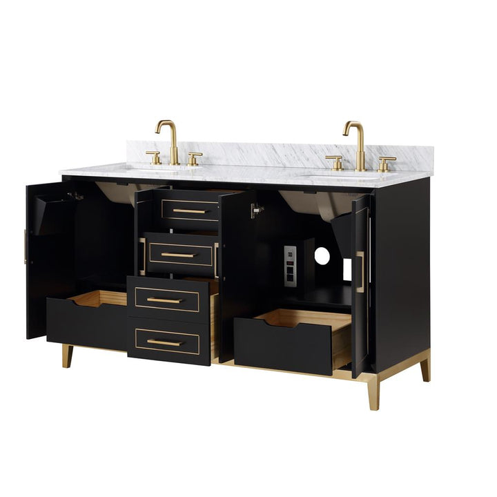 Bemma, Gracie 60" Double Vanity, Midnight Black/Satin Brass, Carrara Marble Top#top-options_carrara-marble-top