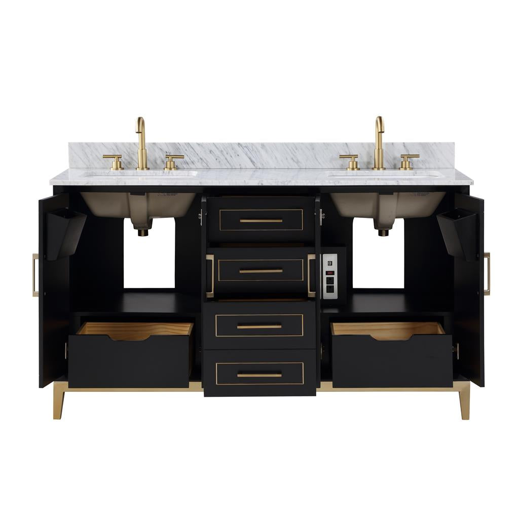 Bemma, Gracie 60" Double Vanity, Midnight Black/Satin Brass, Carrara Marble Top#top-options_carrara-marble-top